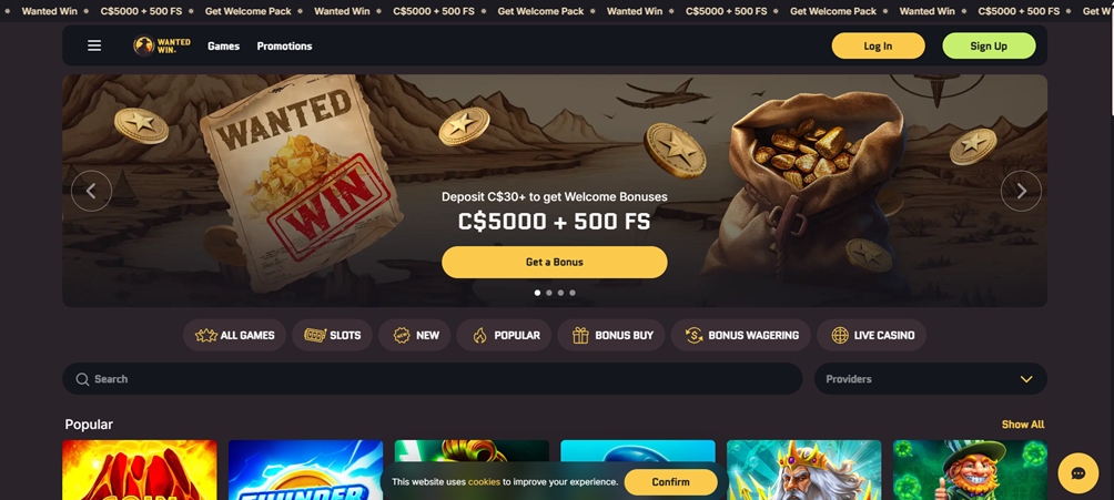 Wanted Win welcome banner.