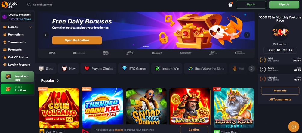 Slotozen casino homepage daily bonuses banner